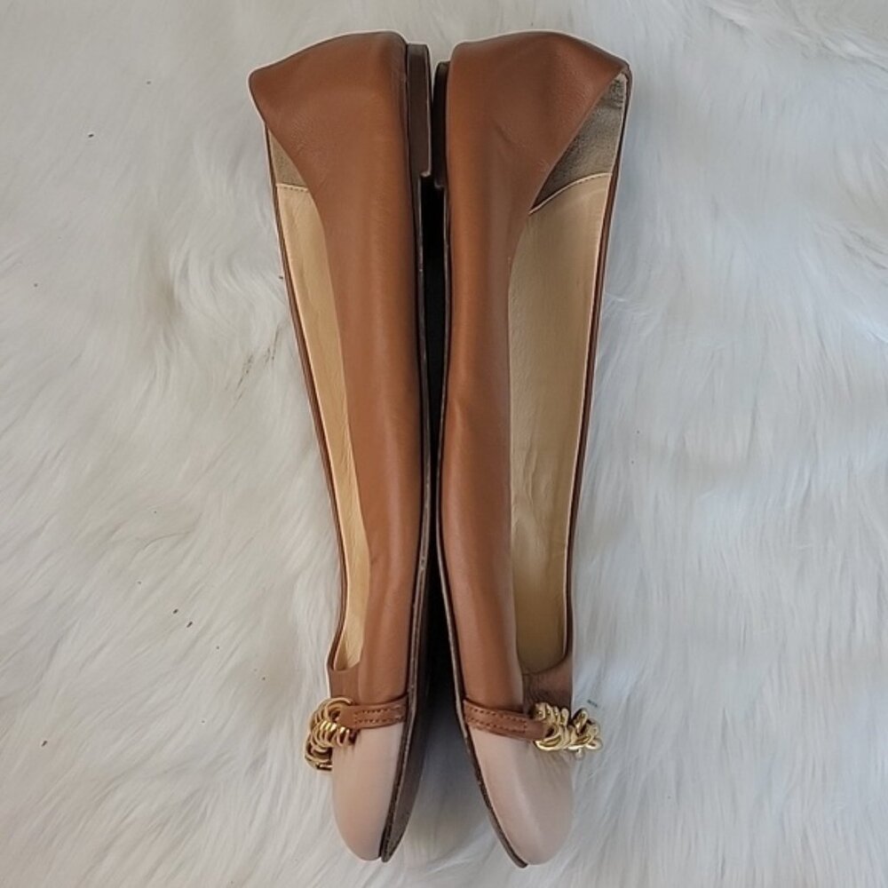 J.CREW Two Tone Leather Cap Toe Gold Chain Accent Preppy Old Money Ballet Flat 9 - Picture 7 of 14